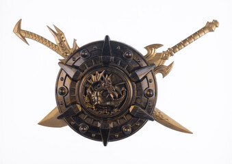 golden shield and sword isolated on white background