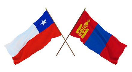 Background, 3D render for designers, illustrators. National Independence Day. Flags Chily and Mongolia