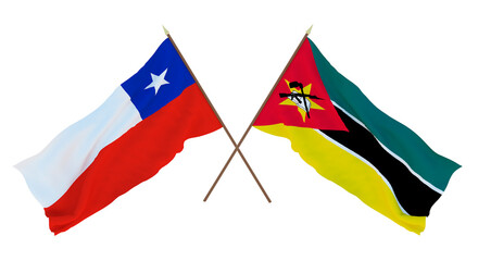 Background, 3D render for designers, illustrators. National Independence Day. Flags Chily and Mozambique