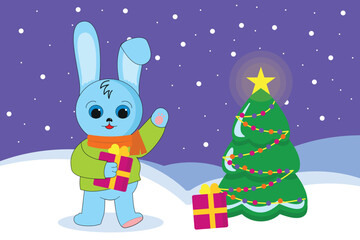 New Year's background. Snowman, bunny and Santa Claus near the Christmas tree