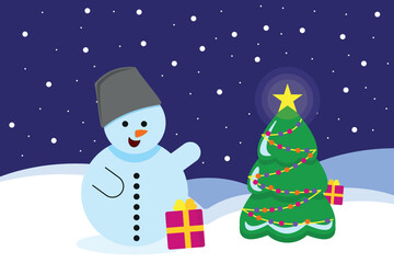 New Year's background. Snowman, bunny and Santa Claus near the Christmas tree