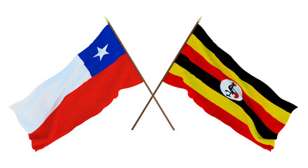 Background, 3D render for designers, illustrators. National Independence Day. Flags Chily and Uganda