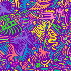 Rainbow hippie psychedelic seamless pattern with amazing doodles style ornaments. Bizarre neon ornaments background.