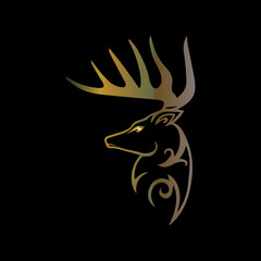 Head of Deer, three horns, on a black background, vector image