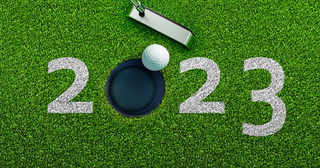 Golf ball putting Year 2021 - 3D illustration