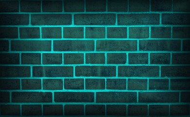 Neon light on an old brick wall. turquoise grunge background. Light effect