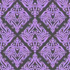 seamless graphic pattern, floral purple ornament tile on gray background, texture, design