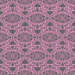 seamless graphic pattern, floral pink ornament tile on gray background, texture, design