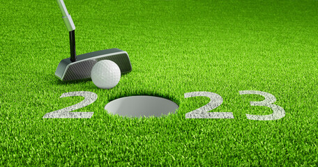 Golf ball putting Year 2021 - 3D illustration