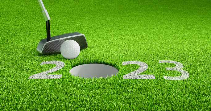 Golf ball putting Year 2021 - 3D illustration