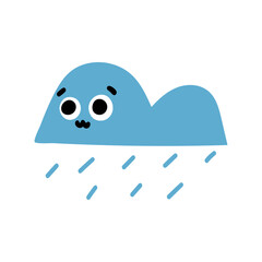 Cute kawaii cloud childish character with rain, with a sweet face, smile, and big eyes. Vector weather illustration.