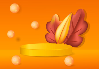
3d podium. Abstract minimal scene with autumn geometric forms. cylinder podium in orange background with autumn plant leaves. product presentation, mockup, show product, podium, stage pedestal or pla