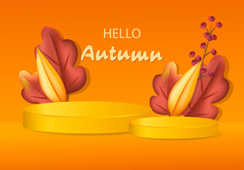 
3d podium. Abstract minimal scene with autumn geometric forms. cylinder podium in orange background with autumn plant leaves. product presentation, mockup, show product, podium, stage pedestal or pla