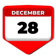 28 December vector icon calendar day. 28 date of December. Twenty eighth day of December. 28th date number. 28 day calendar. Twenty eight date. Vector illustration
