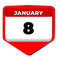 8 January vector icon calendar day. 8 date of January. Eighth day of January. 8th date number. 8 day calendar. Eight date. Vector illustration