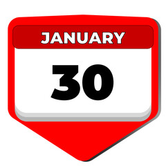 30 January vector icon calendar day. 30 date of January. Thirtieth day of January. 30th date number. 30 day calendar. Thirty date. Vector illustration