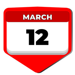 12 March vector icon calendar day. 12 date of March. Twelfth day of March. 12th date number. 12 day calendar. Twelve date. World Glaucoma. Vector illustration