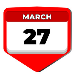 27 March vector icon calendar day. 27 date of March. Twenty seventh day of March. 27th date number. 27 day calendar. Twenty seven date. World theatre. Vector illustration