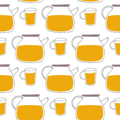 Seamless pattern with teapots and cups illustration on white background