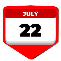 22 July vector icon calendar day. 22 date of July. Twenty second day of July. 22th date number. 22 day calendar. Twenty two date. National Hammock. Vector illustration