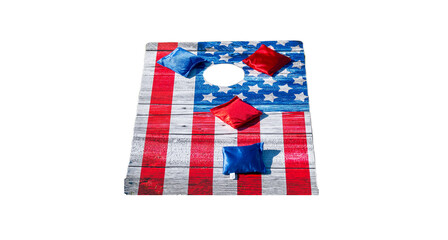American Flag cornhole game with red and blue bean bags with a transparent background
