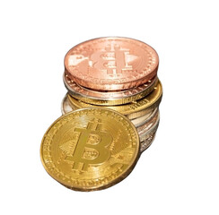 Vertical view of a gold bitcoin symbol on a gold coin with a transparent background.