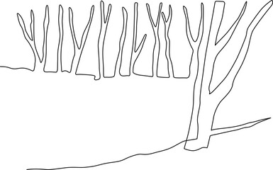 Landscape park with path and trees. Continuous line drawing illustration. Vector