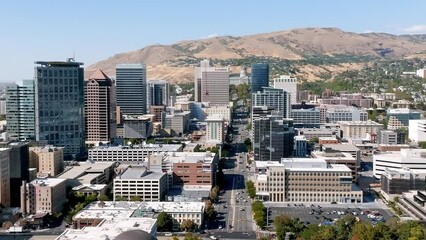 Aerial view of the Salt Lake city downtown. Beautiful mormon city. Downtown of the Salt Lake City skyline over Temple Square.