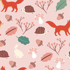 seamless pattern with autumn leaves and fox