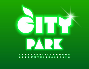 Vector glowing emblem City Park with decorative Leaf. Abstract style Font. Illuminated Alphabet Letters and Numbers set