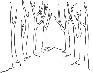 Landscape park with path and trees. Continuous line drawing illustration. Vector