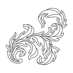 Decorative floral element in baroque style. Engraved black curling plant.