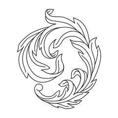 Decorative floral element in baroque style. Engraved black curling plant.