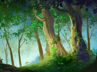 Mystery forest- Day, Anime background, Illustration.	
