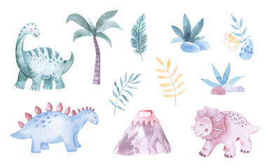 Baby Dinosaurs watercolor illustration with cute animals for nursery and baby shower. Elements on white. For children's posters, postcards, kids cards, linens, linen, baby clothes.
