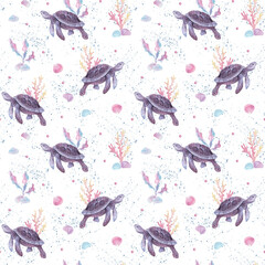 Watercolor kids seamless pattern. Turtle, coral, shells illustrations. marine animals holidays background, summer background. For print, kids cards, linens, wallpaper, textile, fabric.