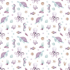 Watercolor kids seamless pattern. Watercolor jellyfish, sea-horse, coral illustrations. marine animals. For t-shirt print, wear design, baby shower, kids cards, linens, wallpaper, textile, fabric.