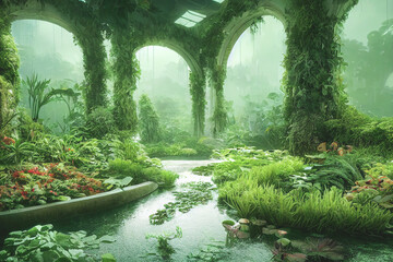 Beautiful indoor garden filled with plants and waterways. 3d render photorealistic