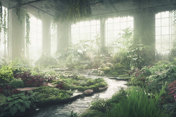 Beautiful indoor garden filled with plants and waterways. 3d render photorealistic