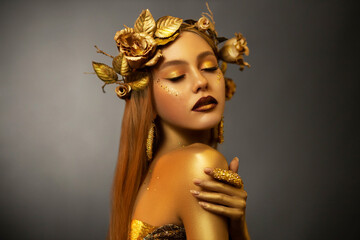 Fantasy portrait woman autumn greek goddess. golden skin body. Girl queen in wreath crown flowers...