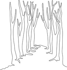 Landscape park with path and trees. Continuous line drawing illustration. Vector