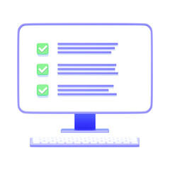 Obraz premium Checklist on desktop PC, 3d render illustration, dark background. Computer with checked tasks. Concept of online survey, exam note, business contract, research form, evaluation document