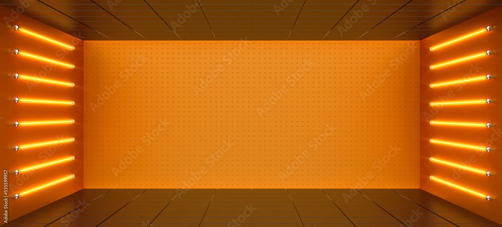 Wall mural orange background with neon lights in 3d render