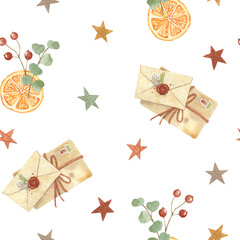 Watercolor Christmas seamless pattern with mail, orange, eucalyptus, berries.Scandinavian background.Hand made holiday illustrations. For design, cards, linens, wallpaper, fabric, textile, wrapping.