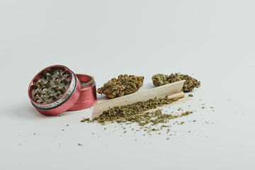 Marijuana buds on white background, close up. Cannabis is a herbal or alternative medicine