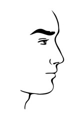 Drawn profile portrait of a young man. Beautiful face. Logo, design element for salon. Vector isolated art illustration hand drawn. Black and white sketch line