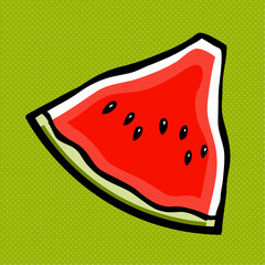 Tasty slice of red watermelon. Sweet fruit dessert. Icon, sticker and food design. Cartoon vector illustration isolated on green background