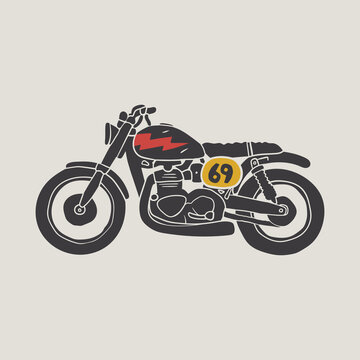 Classic Motorcycle silhouette. Side view. Two-wheeled vehicle. Personal transport. Hand drawn trendy Vector isolated illustration. Logo, icon, poster, print template. Vintage style