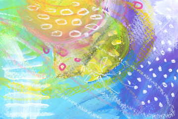 Art Watercolor and Acrylic smear blot with pencil, oil pastel line scribble elements. Abstract...