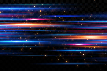 Motion light effect for banners. Blue lines. The effect of speed on a blue background. Red lines of light, speed and movement. Vector lens flare.